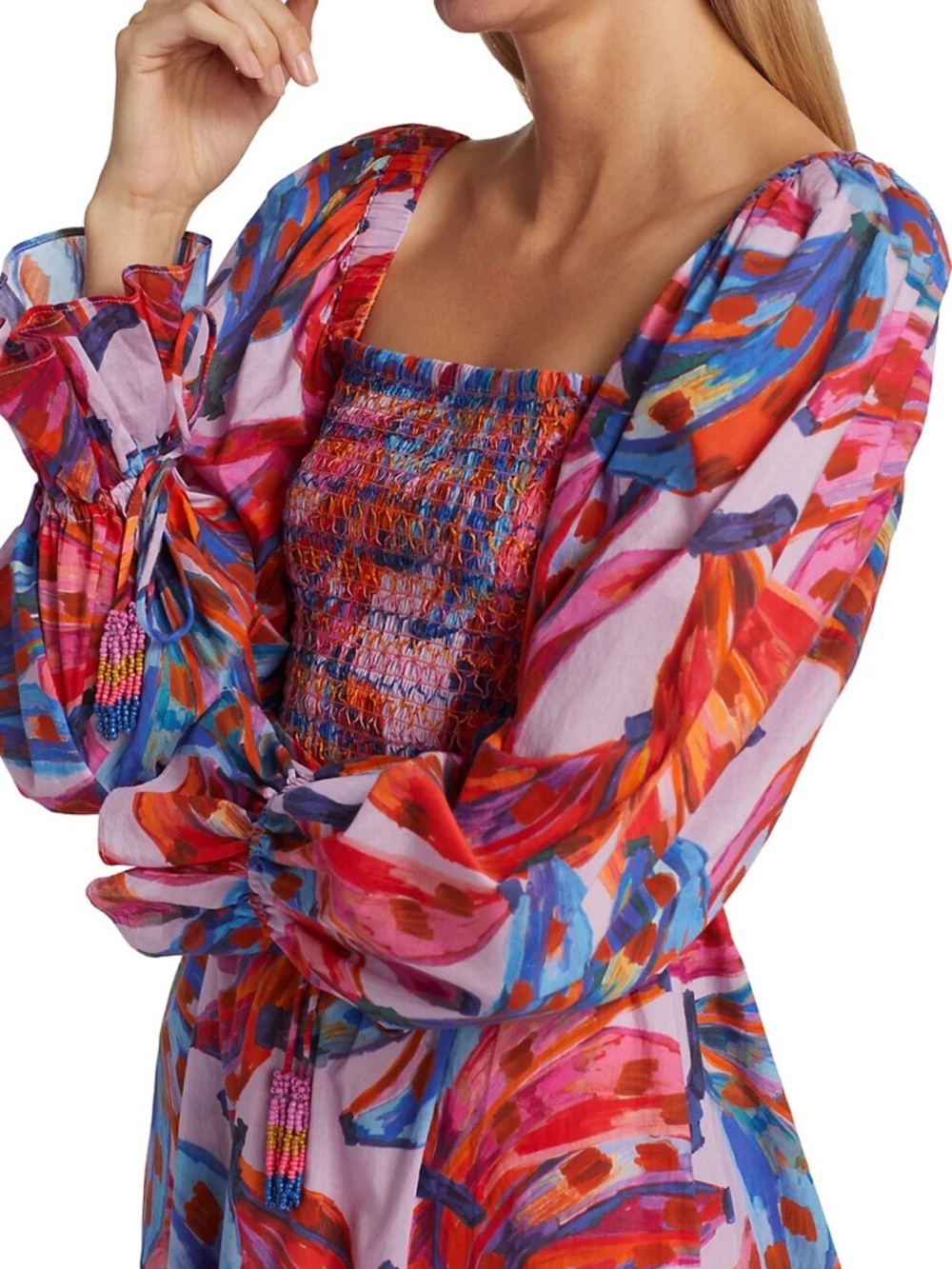 Pink Multicolor Smocked Midi Dress with Puff Sleeves and Banana Print - Picture 4 of 6